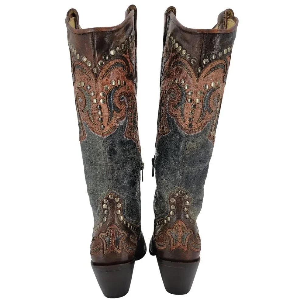 Corral Cowgirl Women's 6M Tall Brown Gray Studded Leather Cowboy Western Boots - Picture 3 of 14